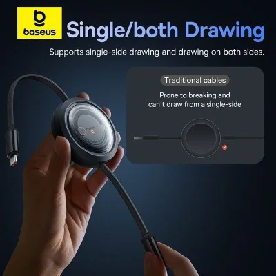 Baseus Free2Draw 1.1m USB-C to M+L+C 100W Retractable Crystal Cable – Black